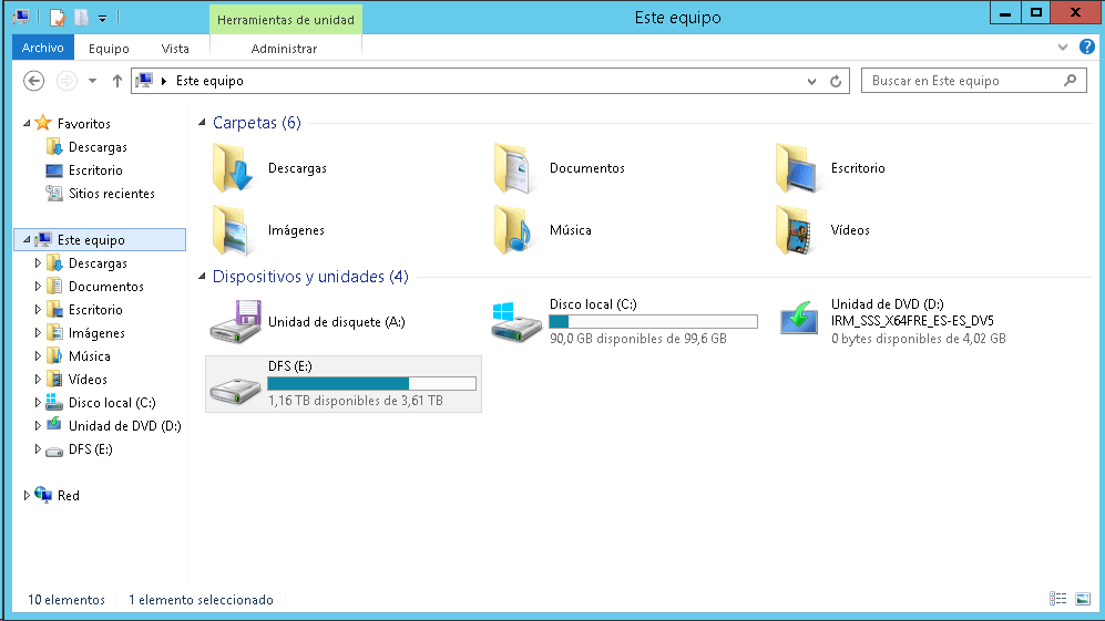 Escenario de trabajo inicial, disco duro virtual lleno y vaciado de disco en Windows Server 2012