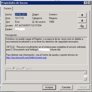 El error completo con ID 1505 y 1508 en Windows Server 2003