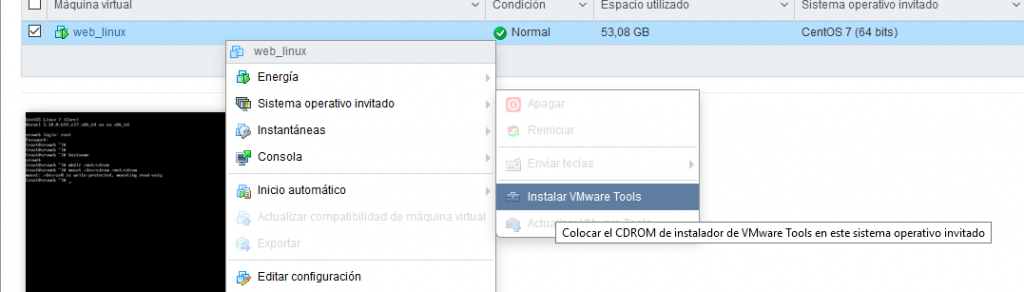Instalar VMware Tools oficiales en MV Linux CentOS 7 Minimal sobre VMware ESXI 6.5
