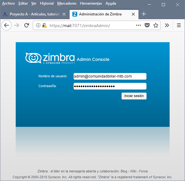 Acceso a la consola de administración del servidor de mail Zimbra