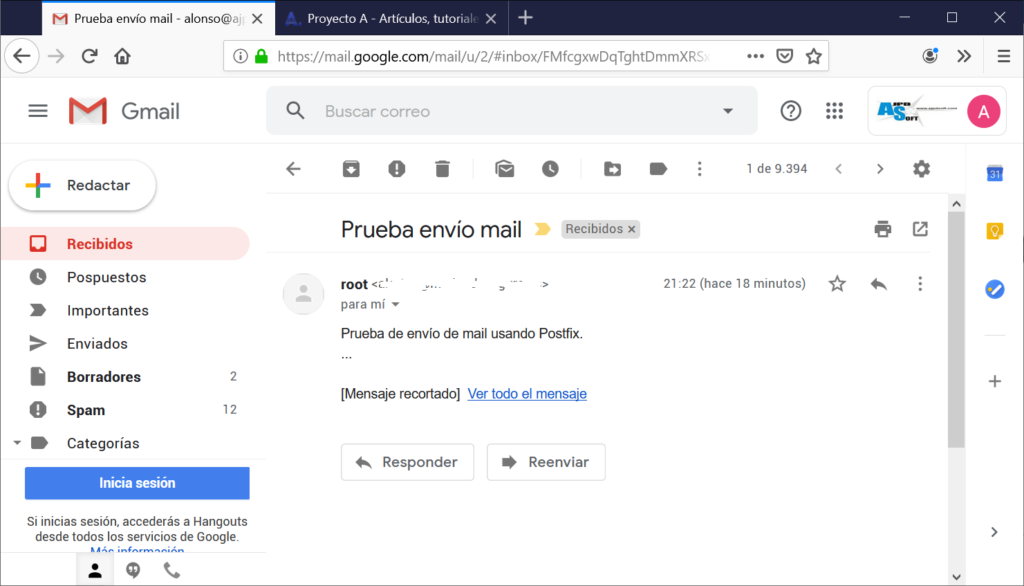 Prueba de envío de email desde la consola de Linux con el comando mail