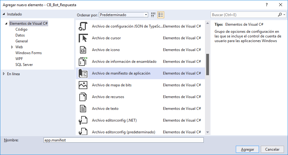 Agregar fichero de manifiesto (manifest) a aplicación Visual Studio .Net C# C Sharp