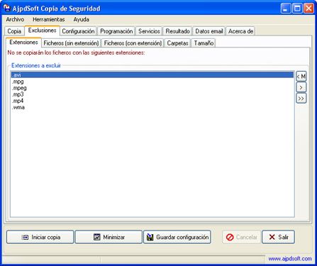 AjpdSoft Copia de Segurdad - Exclusiones - Extensiones - Tipo de fichero