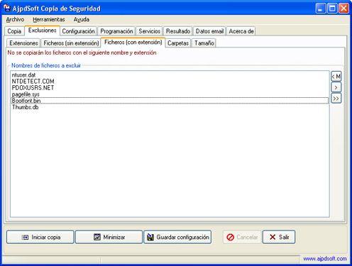 AjpdSoft Copia de Segurdad - Exclusiones - Extensiones - Fichero con extensión