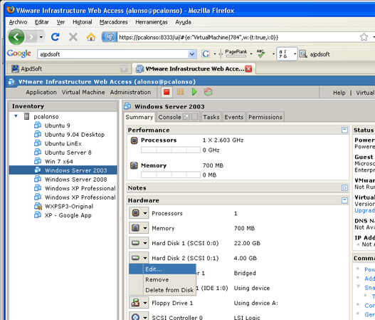 Extender disco duro de datos de una SAN en un equipo con Windows Server 2003 - Ampliar tamaño disco duro virtual VMware