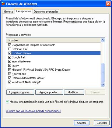 Activar conexión a Escritorio Remoto en Windows XP para control remoto