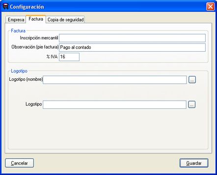 Ventana de Configuración - Datos de factura - AjpdSoft Gestión de Taller Mecánico