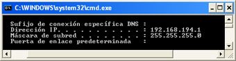 Ventana MS-DOS - Ejecución comando ipconfig