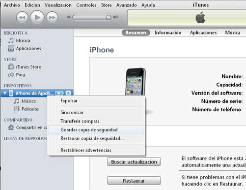 Copia de seguridad (backup) de los datos del iPhone con iTunes