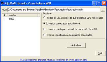 AjpdSoft Usuarios Conectados a MDB en funcionamiento
