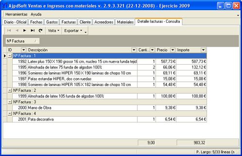 AjpdSoft Ventas e Ingresos con materiales - Pestaña de consulta de detalle de facturas