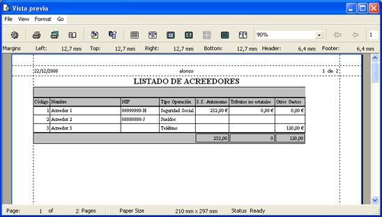 AjpdSoft Ventas e Ingresos con materiales - Ventana de impresión de acreedores