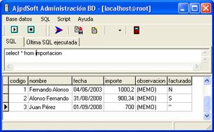 AjpdSoft Administración Bases de Datos - Resultado de importación de fichero con select de MySQL