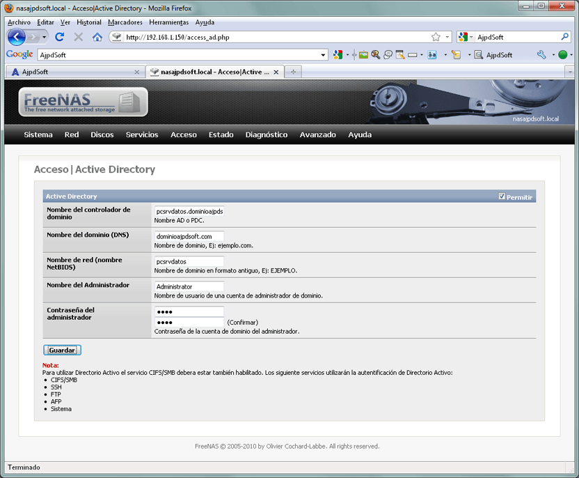 Activar servicio CIFS/SMB en FreeNAS para acceso al disco duro desde otros equipos de la red