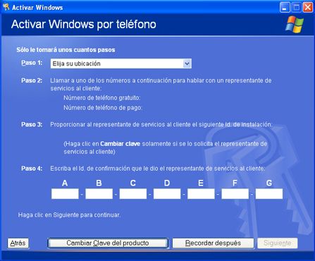 Cambiar la clave de producto de licencias en un equipo con Windows XP - Activación por teléfono