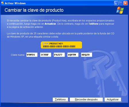 Cambiar la clave de producto de licencias en un equipo con Windows XP - Introducción de nueva clave