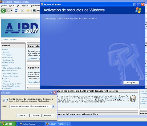 Cambiar la clave de producto de licencias en un equipo con Windows XP - Aviso de que Windows está correctamente activado