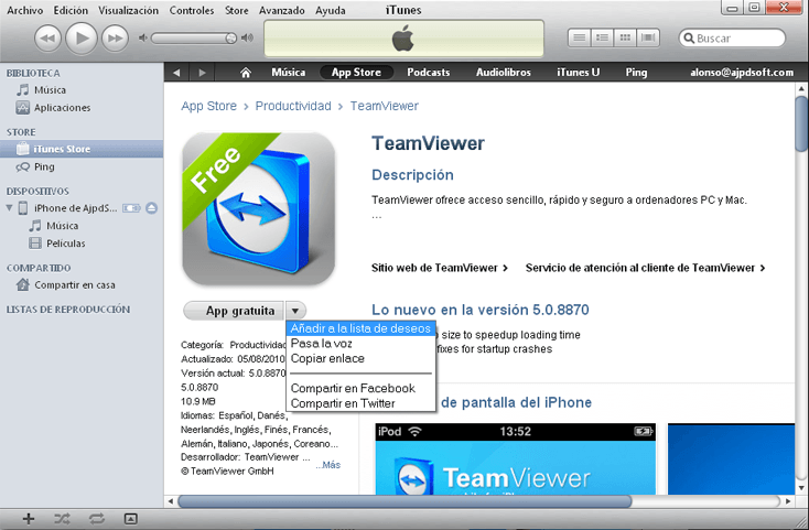 Instalar TeamViewer en el iPhone con iTunes