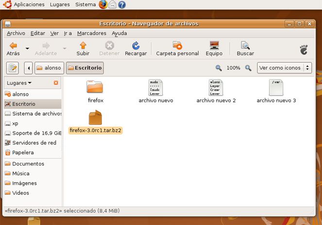 Ventana del explorador de ficheros de Linux Ubuntu 8.04
