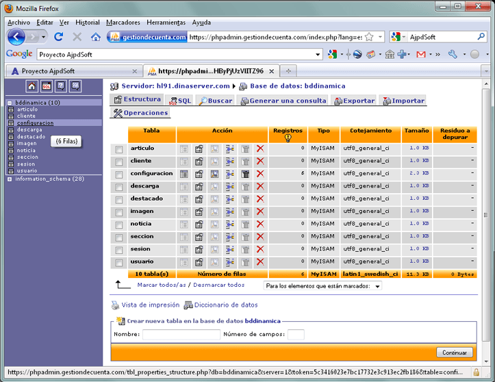 Preparación de la base de datos MySQL y las tablas para el sitio web dinámico