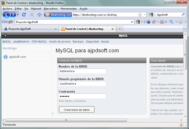 Preparación de la base de datos MySQL y las tablas para el sitio web dinámico