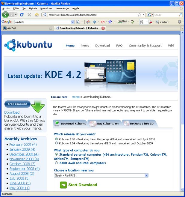 Cómo instalar GNU/Linux Kubuntu 8.10 (con KDE 4.2) - Selección idioma