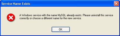 Error que mostrará el asistente de instalación de MySQL Server 6 si el servicio seleccionado ya existe
