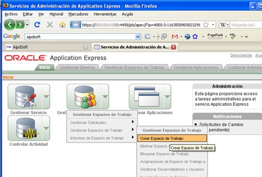 Conectar APEX con una base de datos Oracle externa - Administración APEX para crear espacio de trabajo