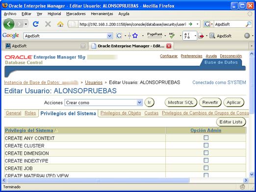 Configurar usuario en base de datos Oracle Database de APEX