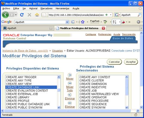 Configurar usuario en base de datos Oracle Database de APEX