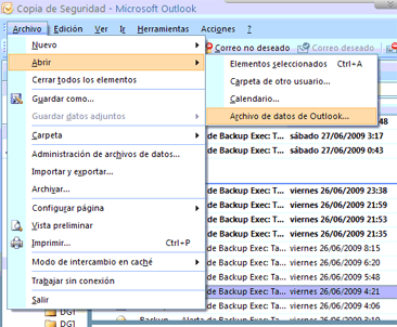 Copia de seguridad de Microsoft Exchange Server con ExMerge - Apertura de los ficheros PST con Microsoft Office Outlook