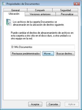 Cambiar ubicación de las carpetas del usuario en Windows Vista - Pestaña Ubicación - Botón mover