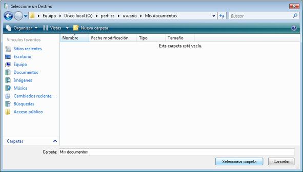 Cambiar ubicación de las carpetas del usuario en Windows Vista - Selección de carpeta de destino
