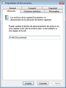 Cambiar ubicación de las carpetas del usuario en Windows Vista - Propiedades de la carpeta Documentos - Pestaña Ubicación