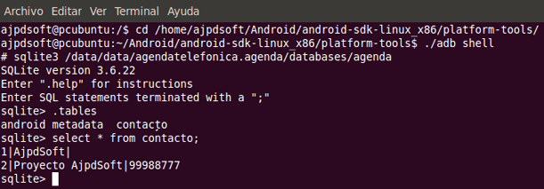 Cómo comprobar la base de datos SQLite y explorar los ficheros del dispositivo Android virtual emulador AVD