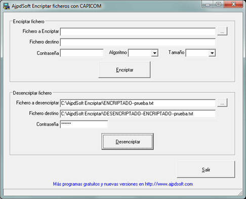 La aplicación AjpdSoft Encriptar ficheros con CAPICOM en funcionamiento
