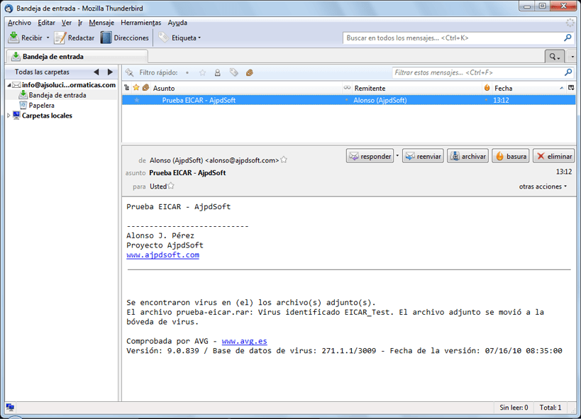 Prueba EICAR mediante correo electrónico de AVG Anti-Virus Free 9.0