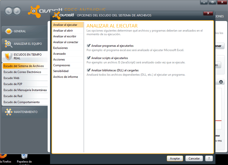 Las opciones de configuración de avast! Free Antivirus 5.0