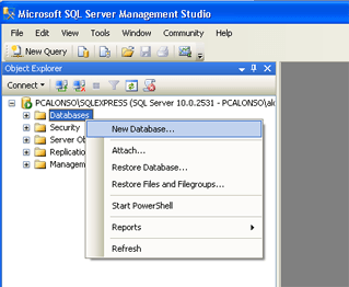 Instalar y administrar Microsoft SQL Server 2008 Express SP1 Runtime with Advanced Services -  Administrar SQL Server 2008 Express con la herramienta SQL Server Management Studio