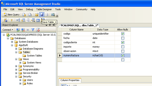 Instalar y administrar Microsoft SQL Server 2008 Express SP1 Runtime with Advanced Services -  Crear una tabla en SQL Server con SQL Server Management Studio