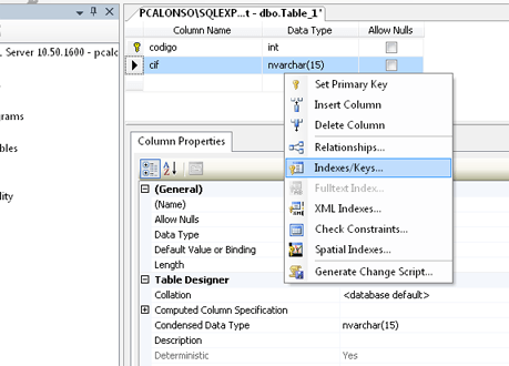Crear una tabla en una base de datos SQL Server 2008 R2 desde Microsoft SQL Server Management Studio
