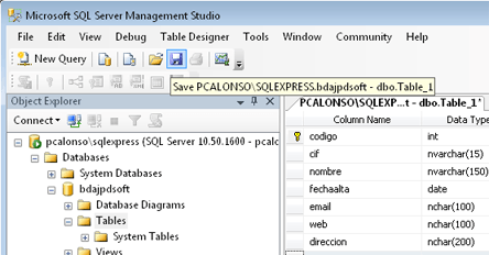 Crear una tabla en una base de datos SQL Server 2008 R2 desde Microsoft SQL Server Management Studio