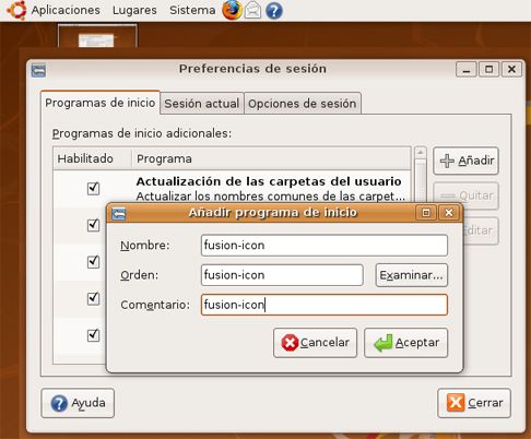 Ventana de Añadir programa de inicio - Linux Ubuntu 8.04 Hardy Heron