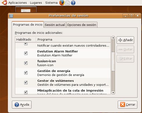 Ventana de Preferencias de Inicio de Sesión tras añadir programa de inicio - Linux Ubuntu 8.04 Hardy Heron