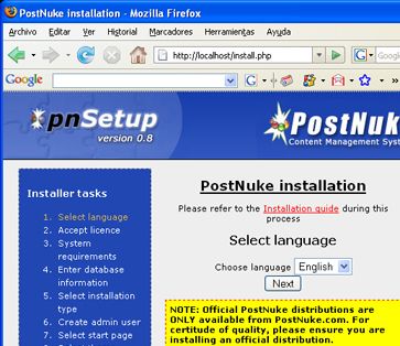 Instalar PostNuke, configurar PostNuke gestor CMS