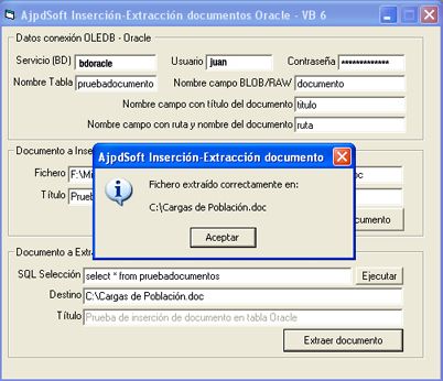 Insertar y extraer documentos en una tabla Oracle con Visual Basic 6