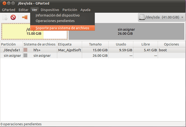 Intento fallido de redimensionar disco duro Mac OS X (HFS+) con GNU Linux Ubuntu Live CD, GParted y hfsprogs