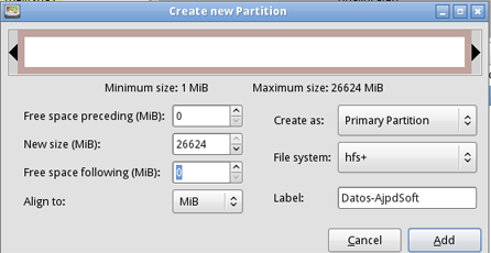Crear partición HFS Plus de Mac OS X con Parted Magic