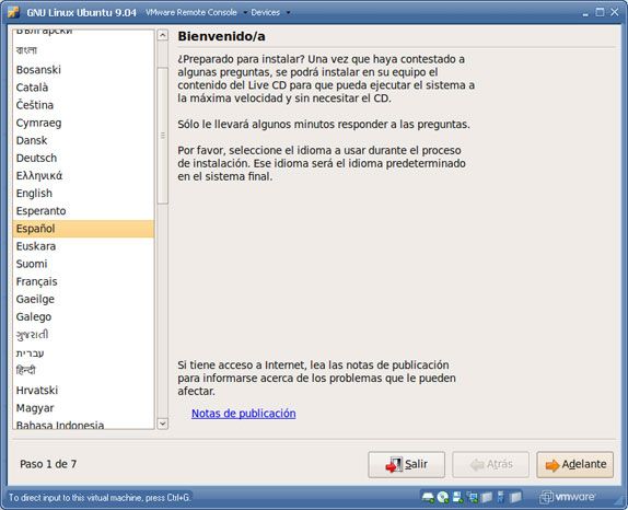 Instalar GNU Linux Ubuntu 9.40 Beta virtualizado con VMware Server 2.0 - Instalación GNU Linux Ubuntu