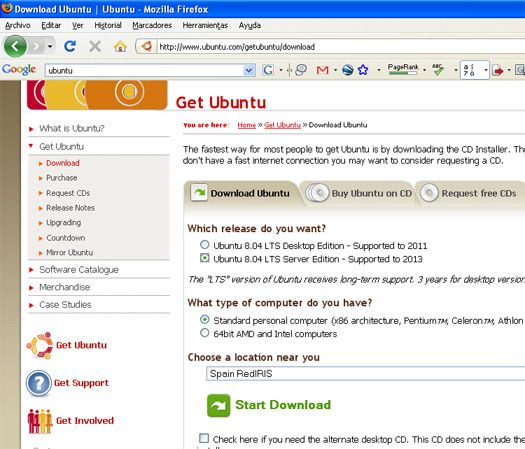 Web de descarga de Linux Ubuntu Server